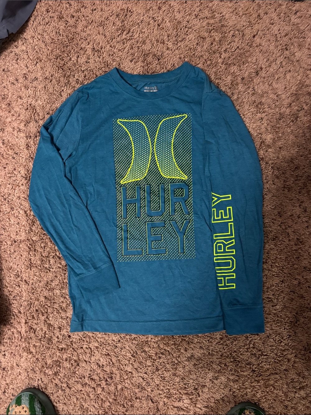 Hurley Teal Long-Sleeve Logo Tee with Neon Yellow Accents